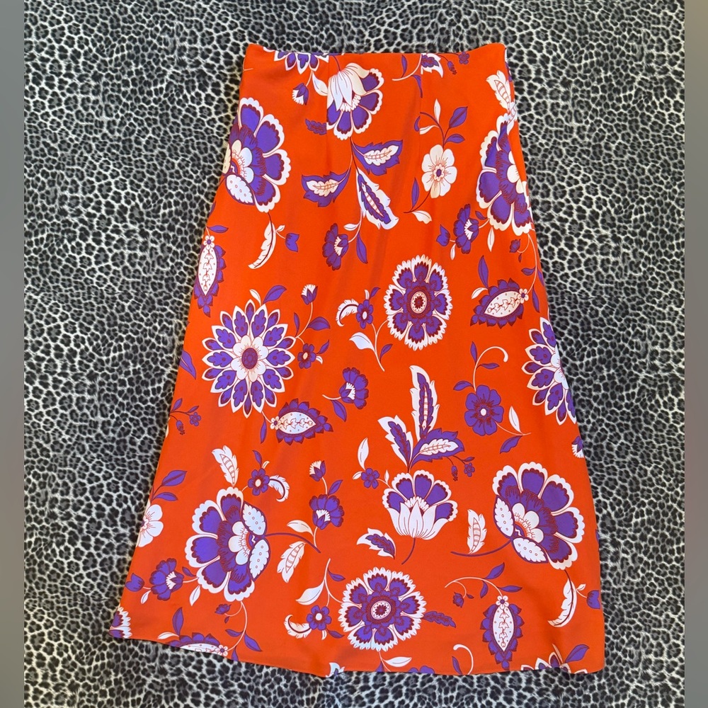 Ann Taylor Floral Button Slit Midi Slip Skirt Orange XS NWT - Picture 6 of 10
